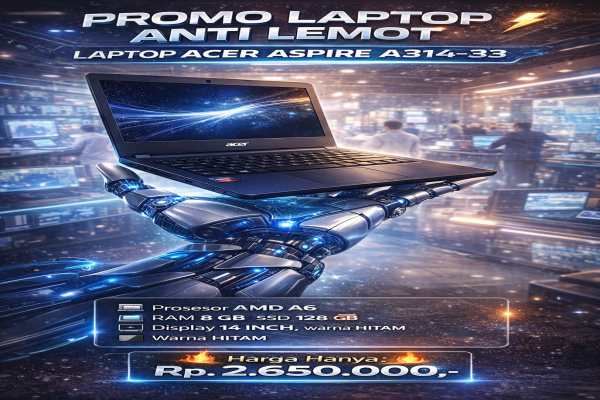 ACER ASPIRE A314-33 , TYPE BARU BODY SLIM, PROSESOR AMD A6 MEMORY RAM 8 GB STORAGE SSD 128 GB DISPLAY 14 INCH MULUS, WARNAH HITAM, LECET SDIKIT,